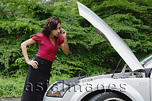 Asia Images Group - Woman on mobile phone while checking engine of car, hood up, side of road