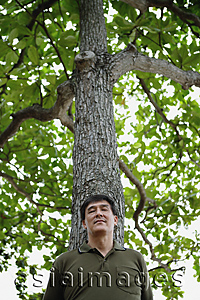 Asia Images Group - Man standing under tree, relaxing