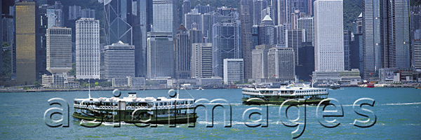 Asia Images Group - Star Ferries in Victoria harbour panorama, Hong Kong