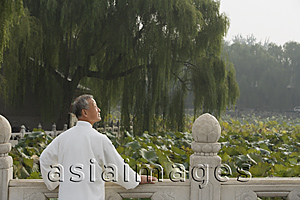 Asia Images Group - An old man leans on a railing and looks into the distance