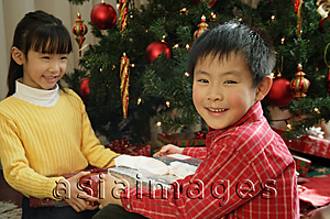 Asia Images Group - Children with presents sitting under Christmas tree, boy looking at camera