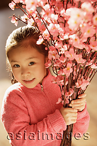 Asia Images Group - Little girl with cherry blossom branches