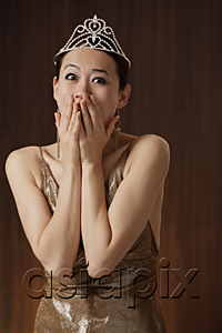 AsiaPix - woman wearing crown, excited, winner, hands over mouth