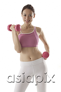 AsiaPix - Woman lifting weights, looking at camera, smiling