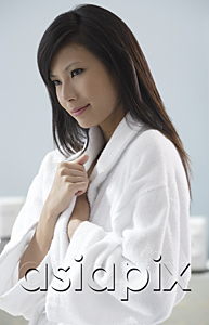 AsiaPix - woman wearing bathrobe, thinking, relaxed