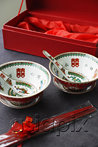 AsiaPix - Chinese bowl, saucer and spoon set with the text -Double Happiness, paraphernalia of traditional Chinese Wedding