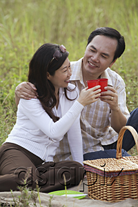 AsiaPix - Man and woman having picnic, toasting glasses