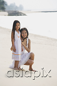 AsiaPix - Mother and daughter on beach wearing white dresses, portrait