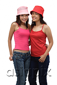 AsiaPix - Two young women wearing red and pink, looking at camera