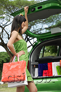 AsiaPix - A young woman puts her shopping in the back of a car