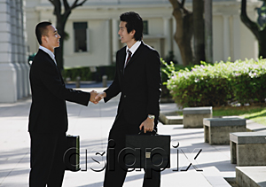 AsiaPix - Two men wearing suits greet each other and shake hands in the park