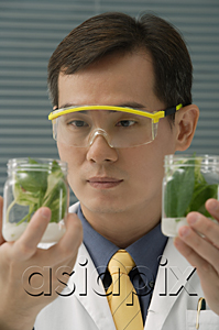 AsiaPix - Scientist examining jar with plant samples