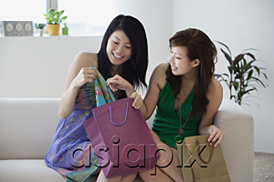 AsiaPix - Young women sitting on sofa with shopping bags