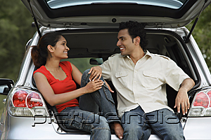 PictureIndia - Young couple sitting in car boot