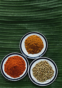PictureIndia - Still life of curry and masala powder on a banana leaf